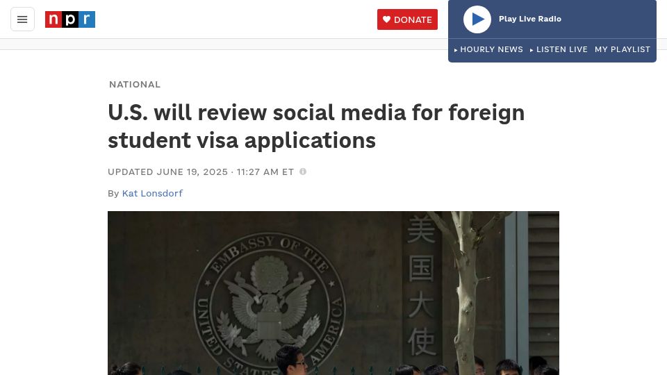 Screenshot of npr.org: U.S. will review social media for foreign student visa applications