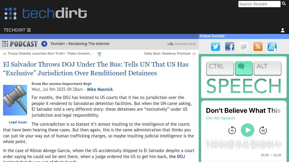 Screenshot of techdirt.com: El Salvador Tells UN That US Has "Exclusive" Jurisdiction over Detainees