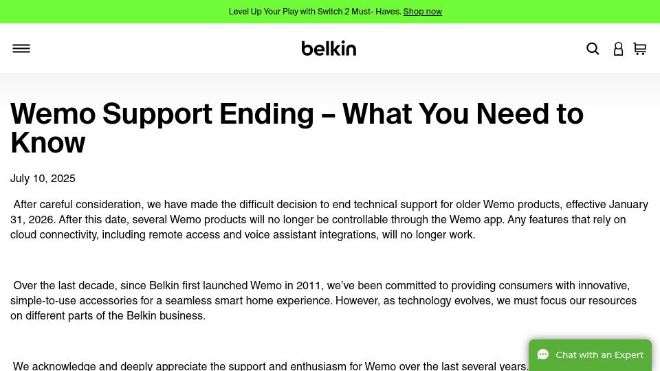Screenshot of belkin.com: Belkin ending support for older Wemo products