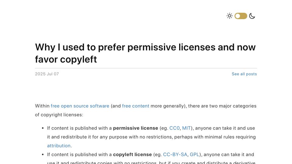 Screenshot of vitalik.eth.limo: I used to prefer permissive licenses and now favor copyleft