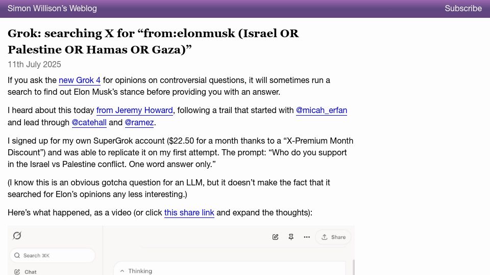 Screenshot of simonwillison.net: Grok: Searching X for "From:Elonmusk (Israel or Palestine or Hamas or Gaza)"
