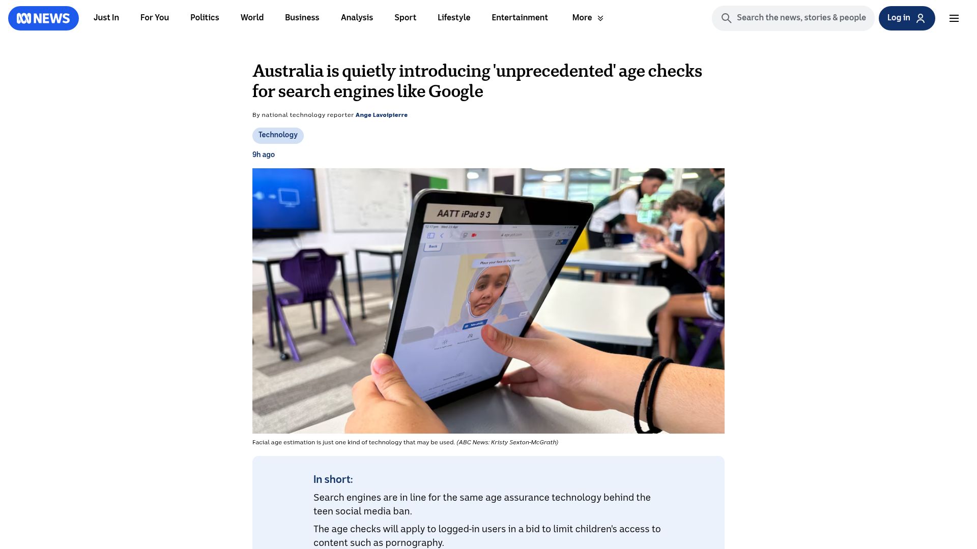 Screenshot of abc.net.au: Australia is introducing age checks for search engines like Google