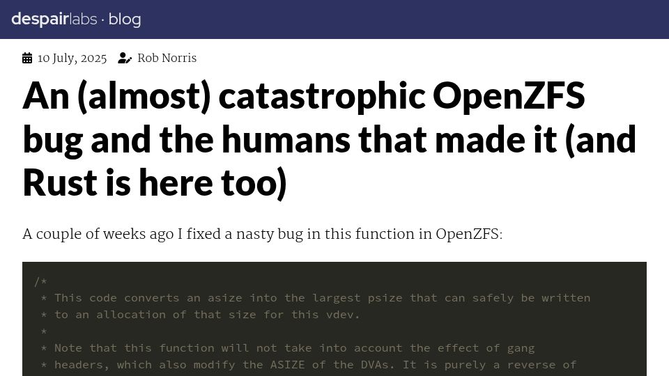 Screenshot of despairlabs.com: An almost catastrophic OpenZFS bug and the humans that made it