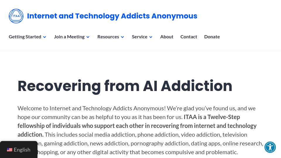 Screenshot of internetaddictsanonymous.org: Recovering from AI addiction