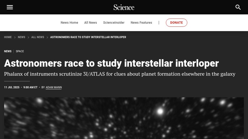 Screenshot of science.org: Astronomers race to study interstellar interloper