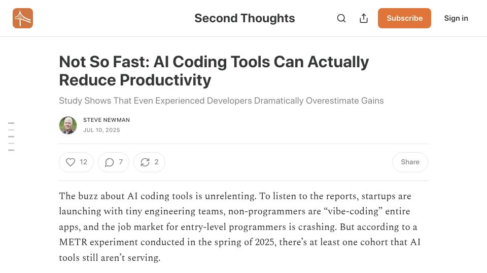 Screenshot of secondthoughts.ai: AI coding tools can reduce productivity