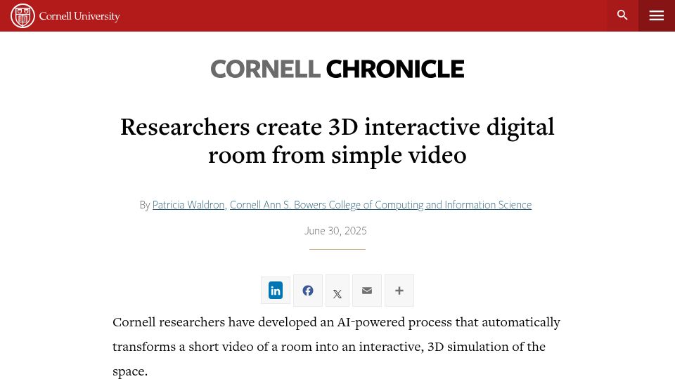 Screenshot of news.cornell.edu: Researchers create 3D interactive digital room from simple video