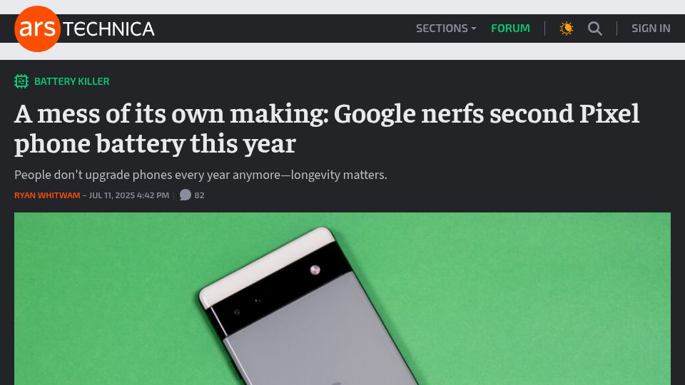 Screenshot of arstechnica.com: Google nerfs Pixel 6a batteries following fire hazard