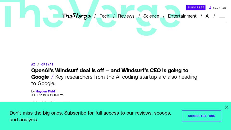 Screenshot of theverge.com: OpenAI’s Windsurf deal is off, and Windsurf’s CEO is going to Google