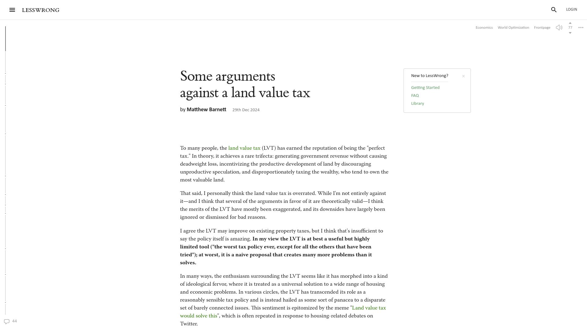 Screenshot of lesswrong.com: Some arguments against a land value tax (2024)