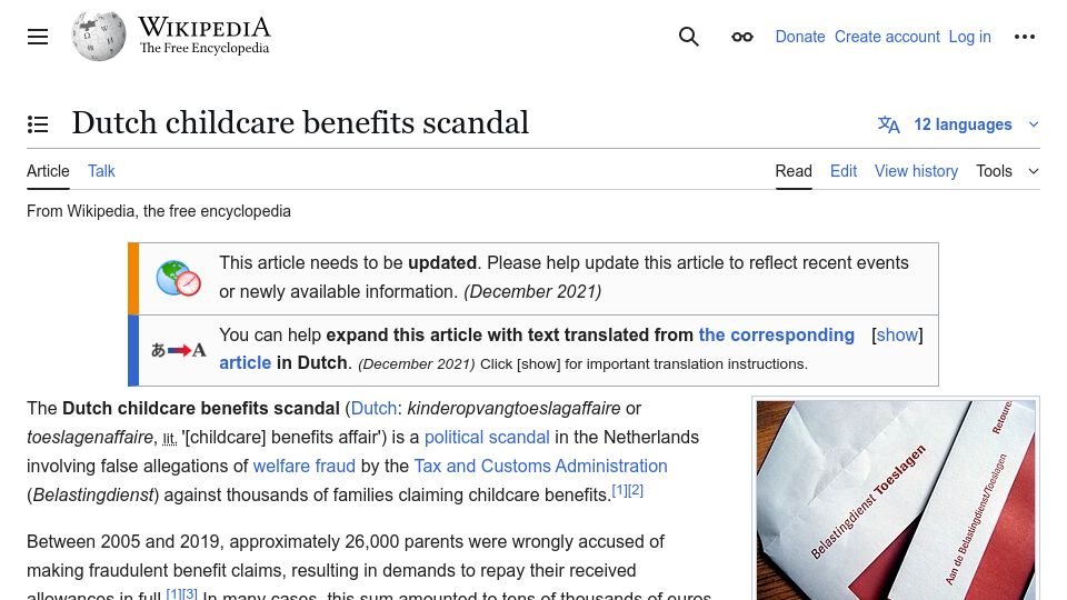 Screenshot of en.wikipedia.org: Dutch Childcare Benefits Scandal