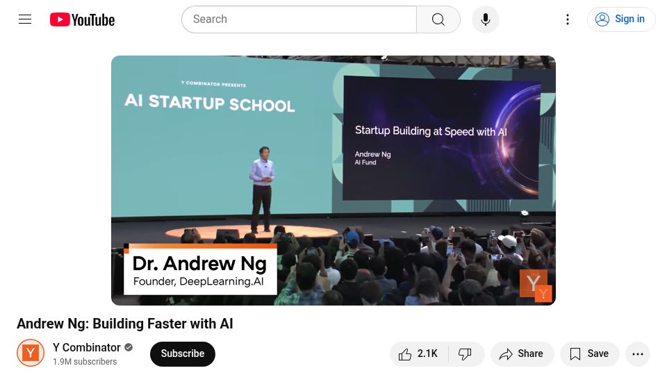 Screenshot of youtube.com: Andrew Ng: Building Faster with AI [video]