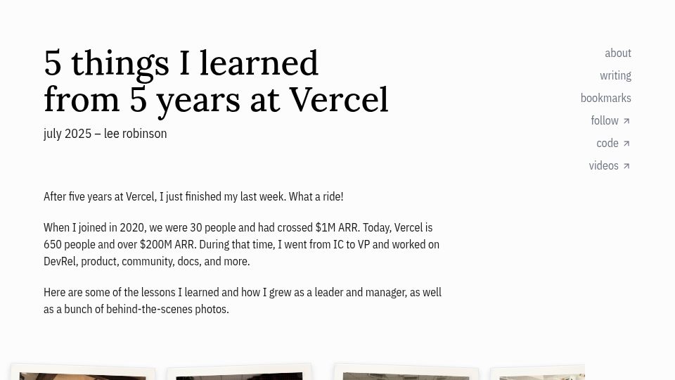Screenshot of leerob.com: Things I learned from 5 years at Vercel