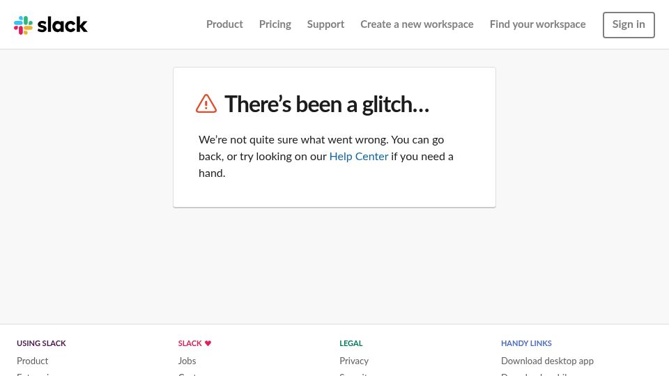 Screenshot of a.slack.com: Slack's 57MB 404 page