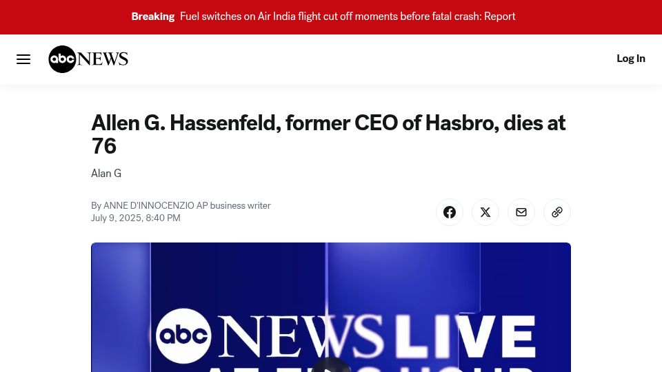Screenshot of abcnews.go.com: Allen G. Hassenfeld, former CEO of Hasbro, dies at 76