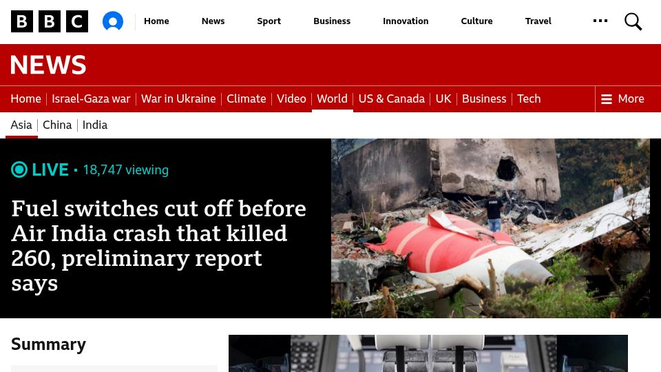 Screenshot of bbc.co.uk: Preliminary report into Air India crash released