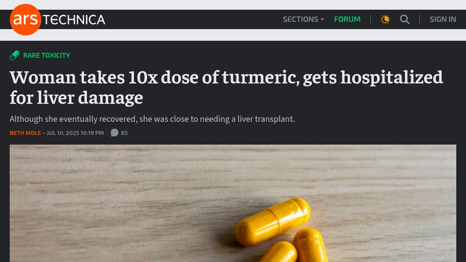 Screenshot of arstechnica.com: Woman takes 10x dose of turmeric, gets hospitalized for liver damage