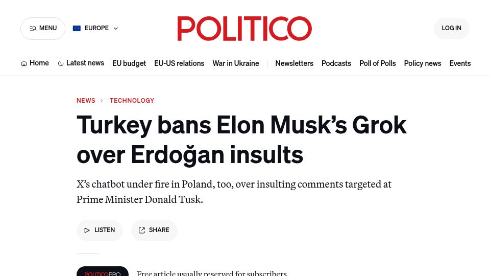 Screenshot of politico.eu: Turkey bans Grok over Erdoğan insults