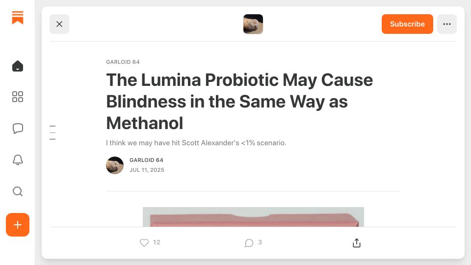 Screenshot of substack.com: The Lumina Probiotic May Cause Blindness in the Same Way as Methanol
