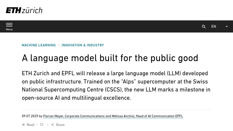 Screenshot of ethz.ch: ETH Zurich and EPFL to release a LLM developed on public infrastructure