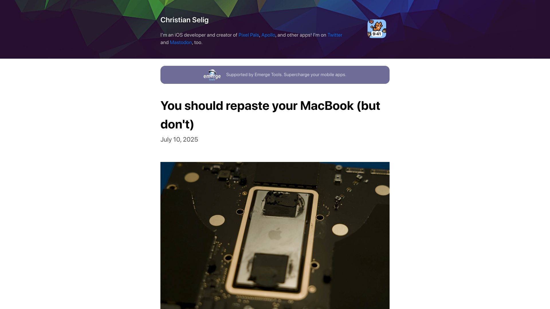 Screenshot of christianselig.com: Repasting a MacBook