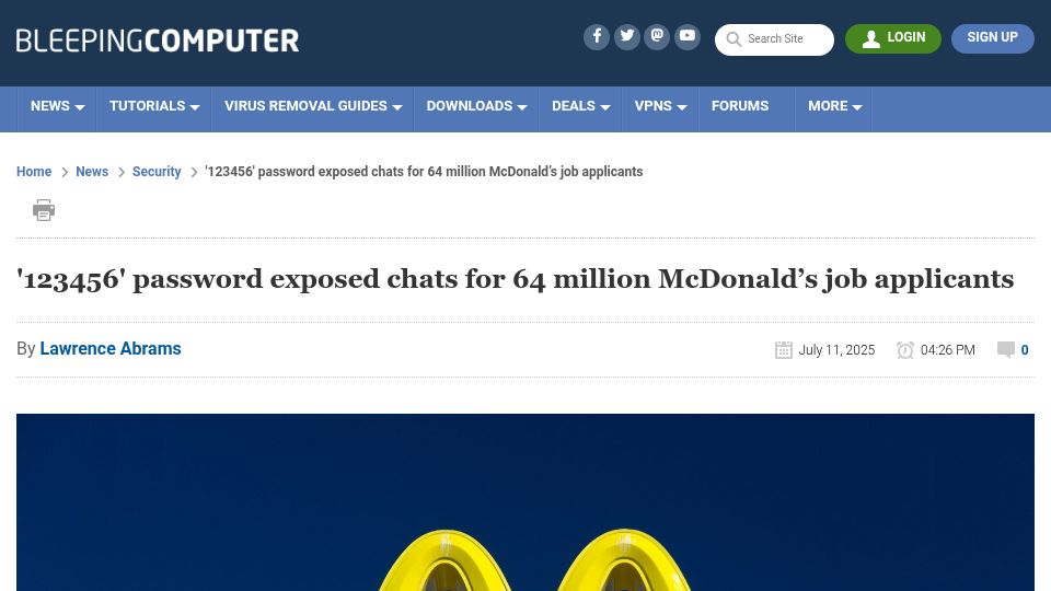 Screenshot of bleepingcomputer.com: '123456' password exposed chats for 64M McDonald's job applicants