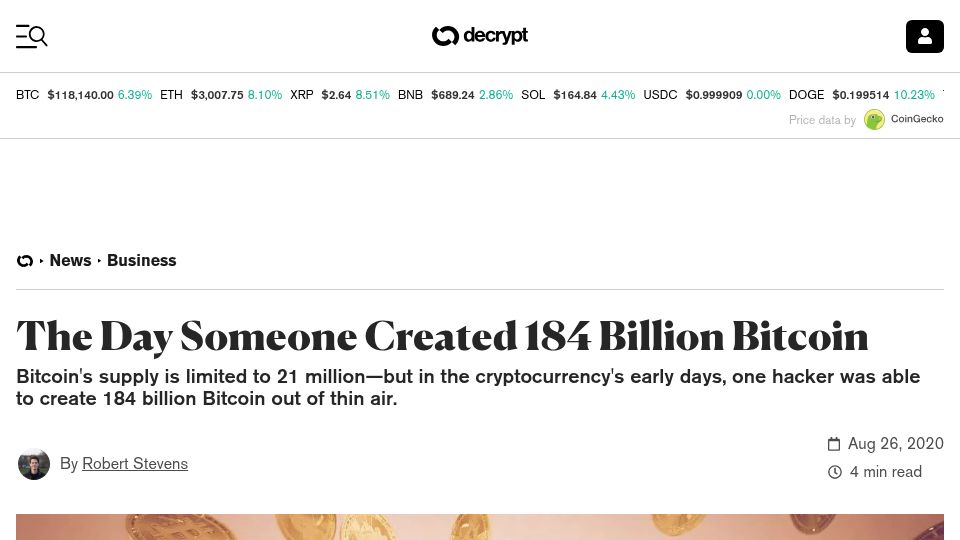 Screenshot of decrypt.co: The day someone created 184 billion Bitcoin (2020)