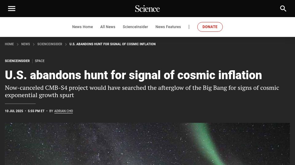 Screenshot of science.org: U.S. abandons hunt for signal of cosmic inflation