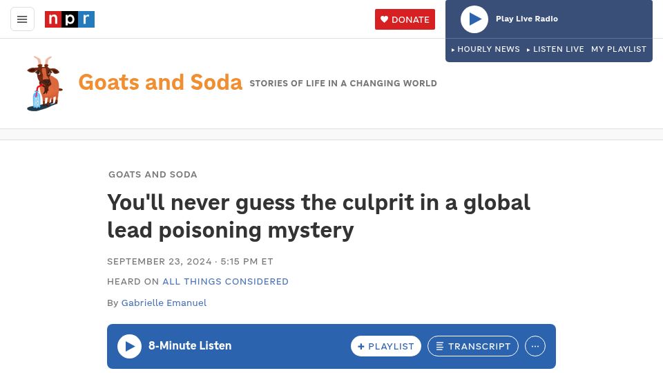 Screenshot of npr.org: Lead pigment in turmeric is the culprit in a global poisoning mystery (2024)