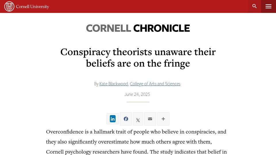 Screenshot of news.cornell.edu: Conspiracy theorists unaware their beliefs are on the fringe