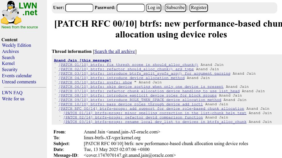Screenshot of lwn.net: Btrfs Allocator Hints