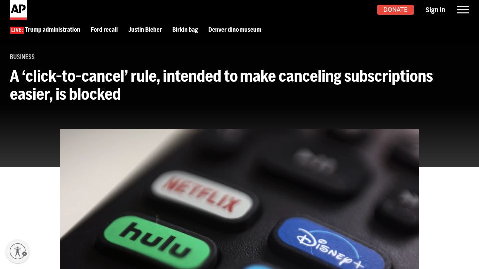 Screenshot of apnews.com: 'Click-to-cancel' rule is blocked
