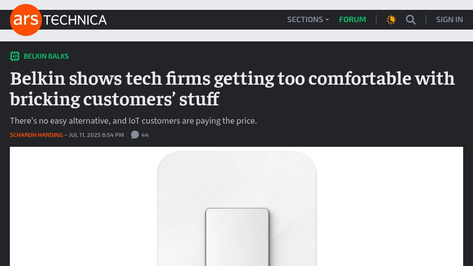 Screenshot of arstechnica.com: Belkin shows tech firms getting too comfortable with bricking customers' stuff