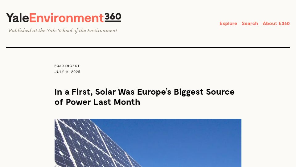 Screenshot of e360.yale.edu: In a First, Solar Was Europe's Biggest Source of Power Last Month