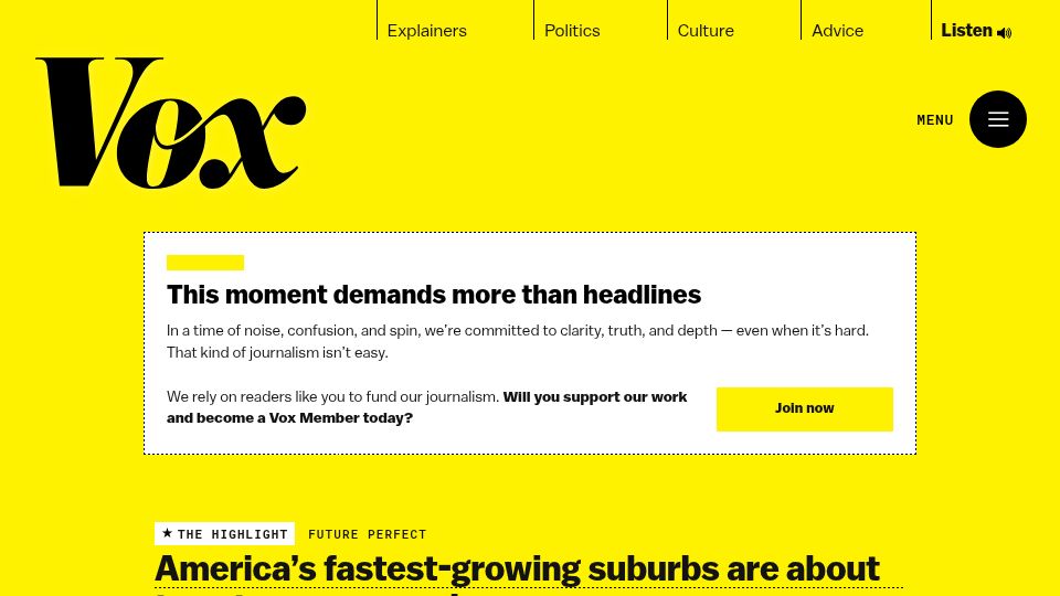 Screenshot of vox.com: America's fastest-growing suburbs are about to get expensive