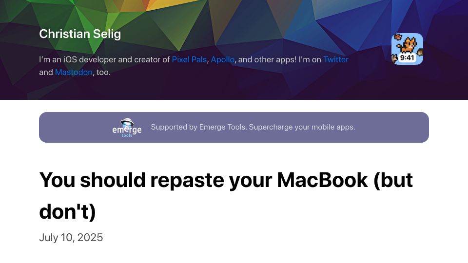 Screenshot of christianselig.com: Repasting a MacBook