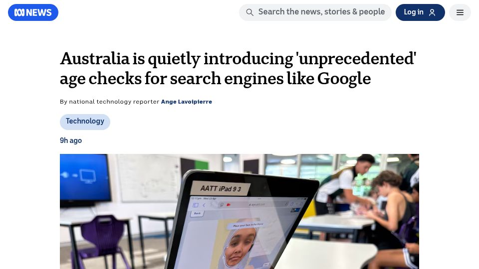 Screenshot of abc.net.au: Australia is introducing age checks for search engines like Google