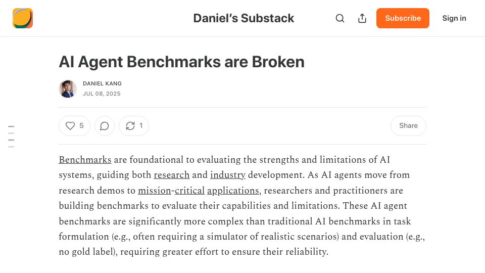 Screenshot of ddkang.substack.com: AI agent benchmarks are broken
