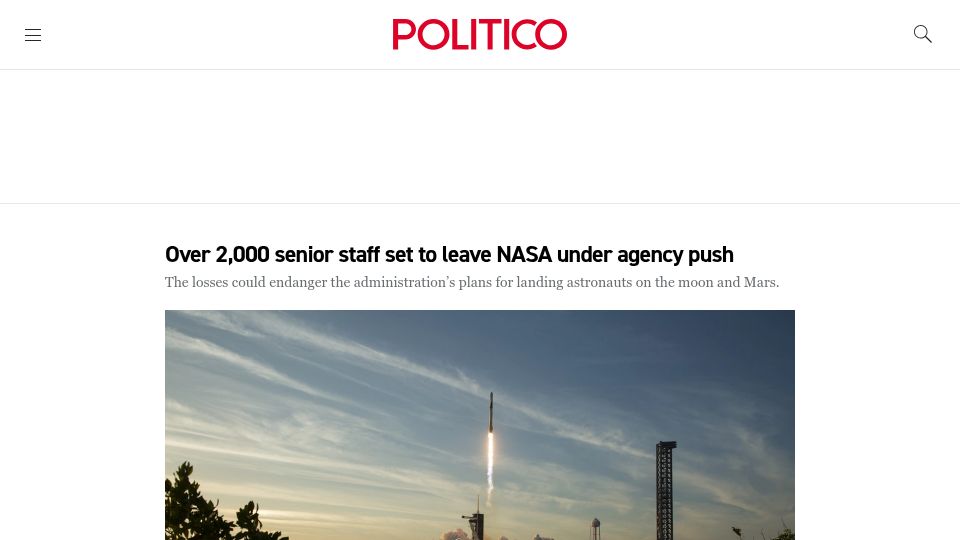Screenshot of politico.com: Over 2,000 senior staff set to leave NASA under agency push