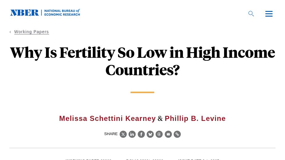 Screenshot of nber.org: Why Is Fertility So Low in High Income Countries? (NBER)