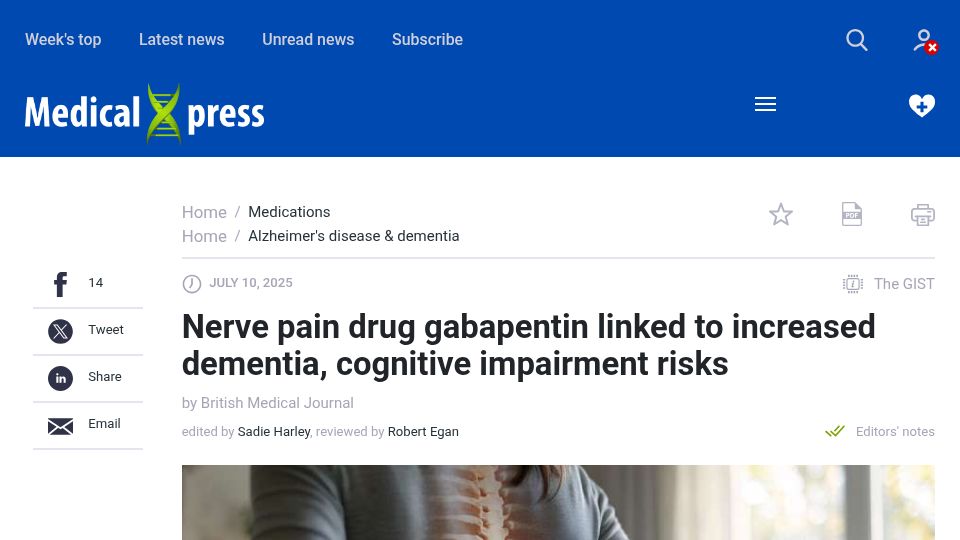 Screenshot of medicalxpress.com: Nerve pain drug gabapentin linked to increased dementia, cognitive impairment