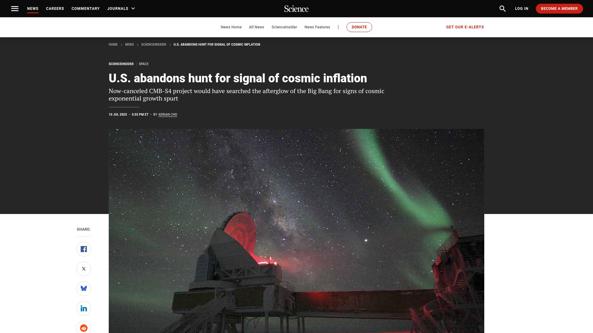 Screenshot of science.org: U.S. abandons hunt for signal of cosmic inflation