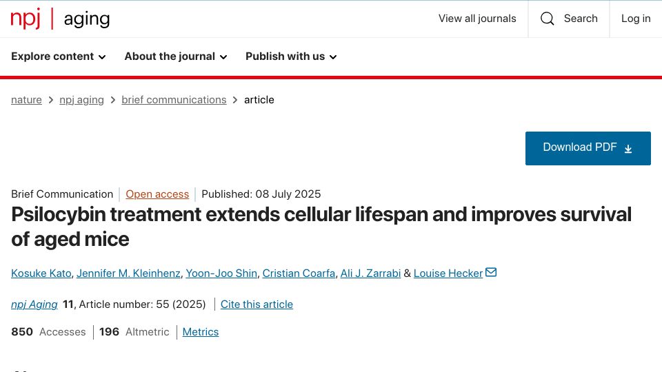 Screenshot of nature.com: Psilocybin treatment extends cellular lifespan, improves survival of aged mice