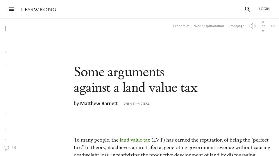 Screenshot of lesswrong.com: Some arguments against a land value tax (2024)