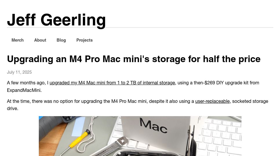 Screenshot of jeffgeerling.com: Upgrading an M4 Pro Mac mini's storage for half the price