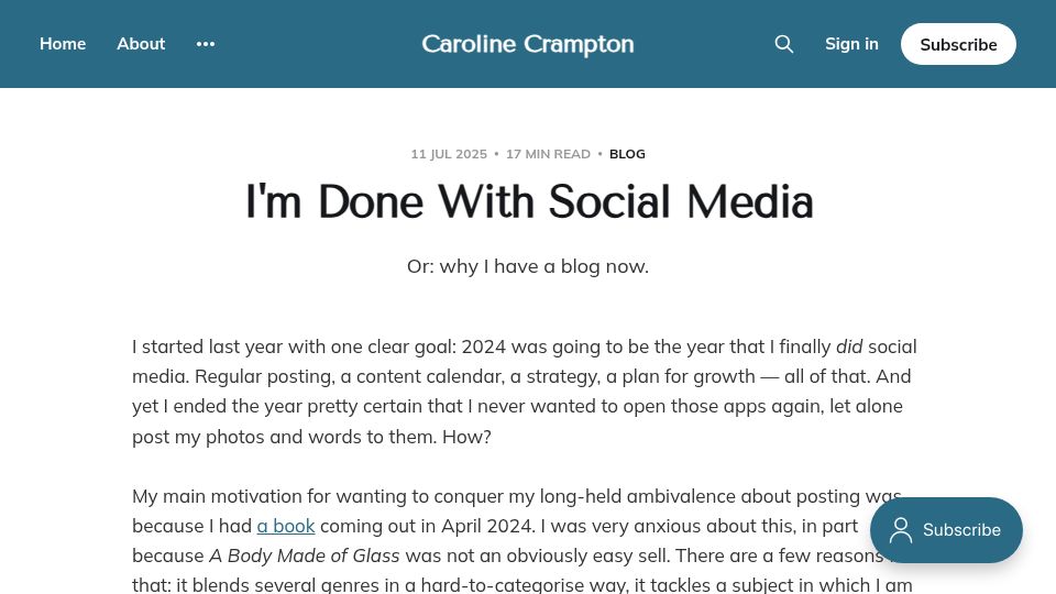 Screenshot of carolinecrampton.com: I'm done with social media – Or: why I have a blog now