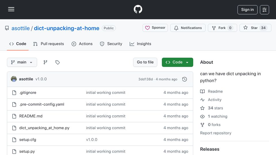 Screenshot of github.com: Dict Unpacking in Python