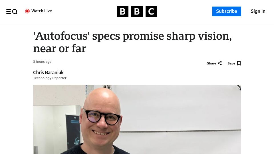 Screenshot of bbc.com: 'Autofocus' specs promise sharp vision, near or far