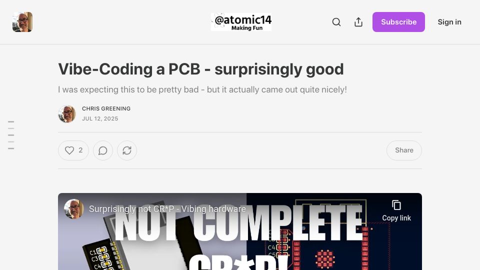 Screenshot of atomic14.substack.com: Vibe-Coding a PCB – surprisingly good