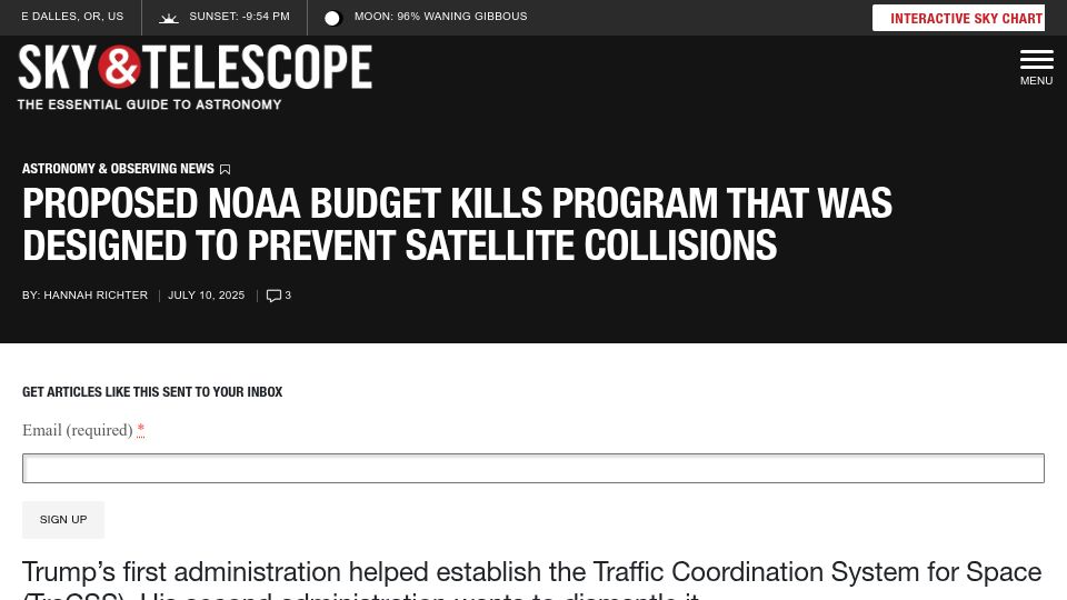 Screenshot of skyandtelescope.org: Proposed NOAA Budget Kills Program Designed to Prevent Satellite Collisions